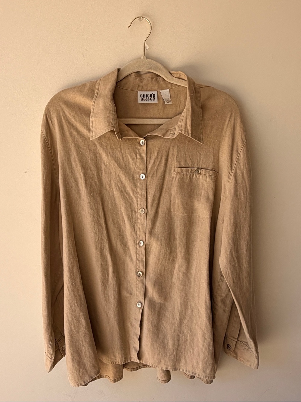 100% Linen Vintage Chico's Beige Long-Sleeve Button-Down Shirt